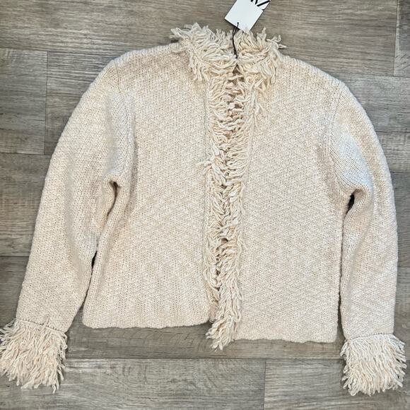 ZARA Wool-Blend Fringe Knit Cardigan NWT – Ecru Textured Jacket, Size XL - Picture 15 of 16